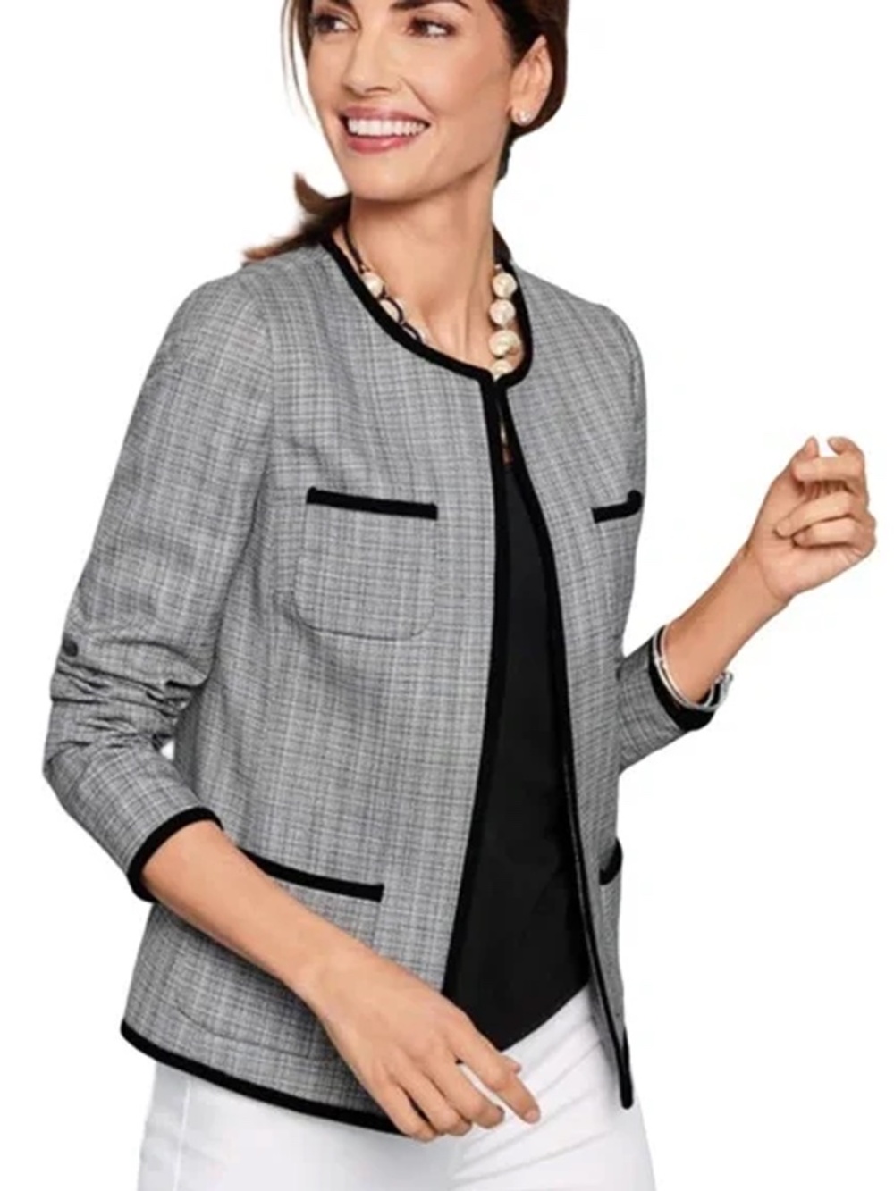 Talbots Westport Tweed Blazer Jacket Open Front Patch Pockets Refined Fashion